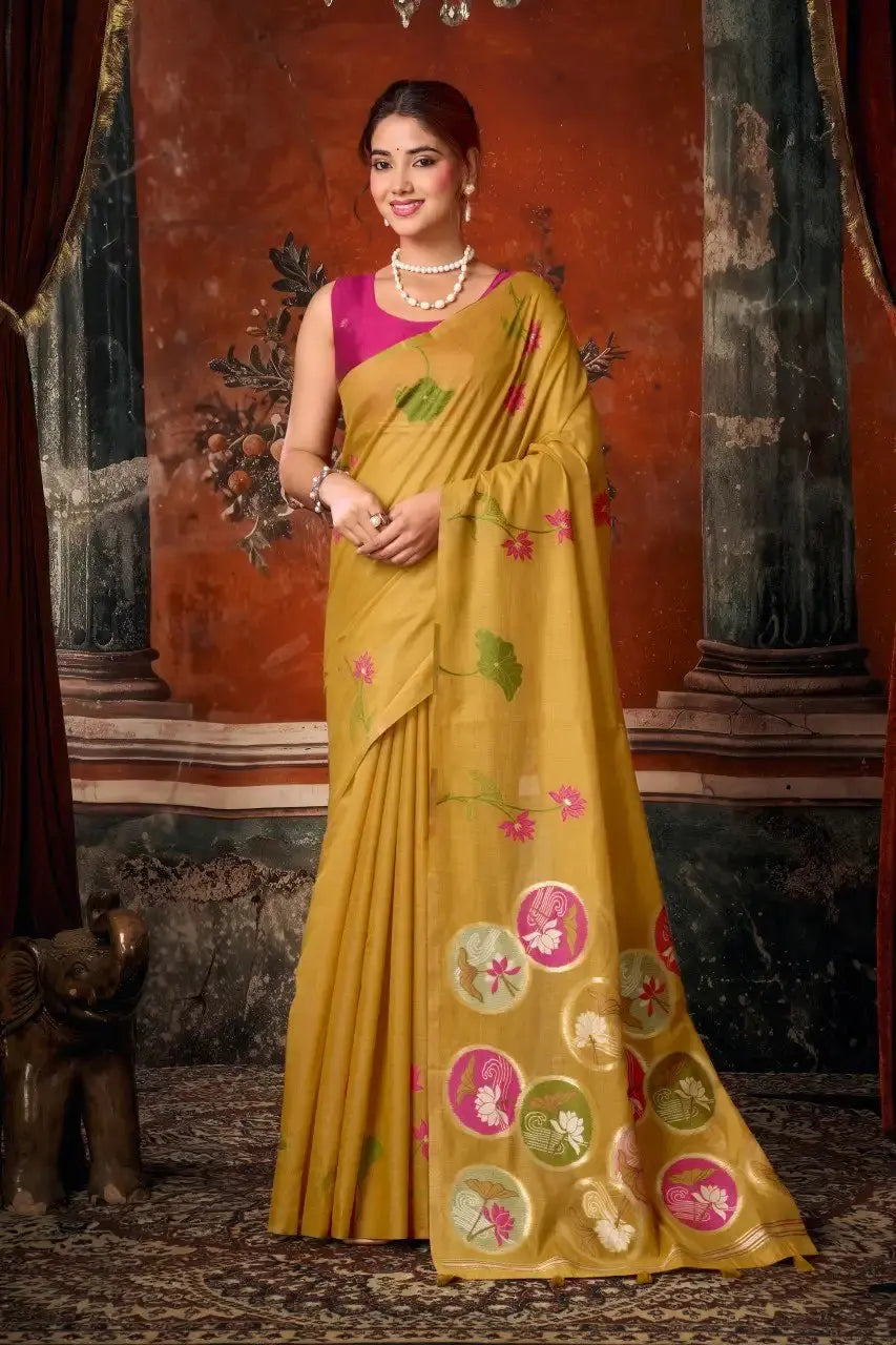 Mustard Yellow Jacquard Weaving Saree Khadi Cotton side drape – jacquard weaving detail | KS313 Kalyanja