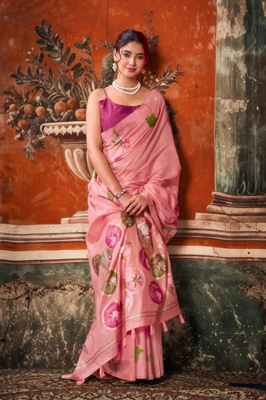 Pink Jacquard Weaving Saree Khadi Cotton body close-up – jacquard woven texture on khadi | KS313 Kalyanja