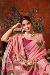 Pink Jacquard Weaving Saree Khadi Cotton zari border close-up – crisp zari on khadi cotton | KS313 Kalyanja