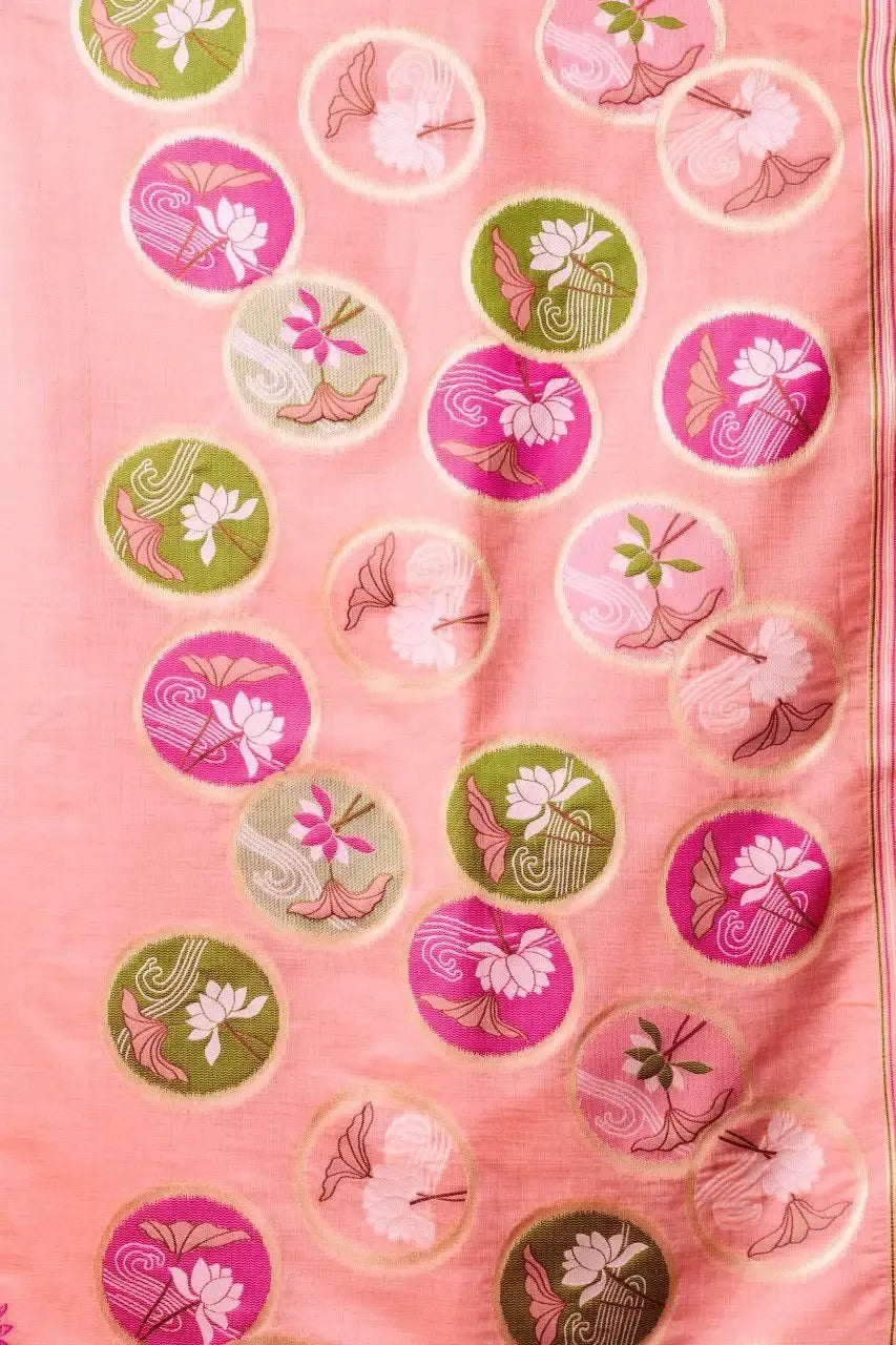 Pink Jacquard Weaving Saree Khadi Cotton flat lay – full 5.5m with blouse piece, KS313 by Kalyanja