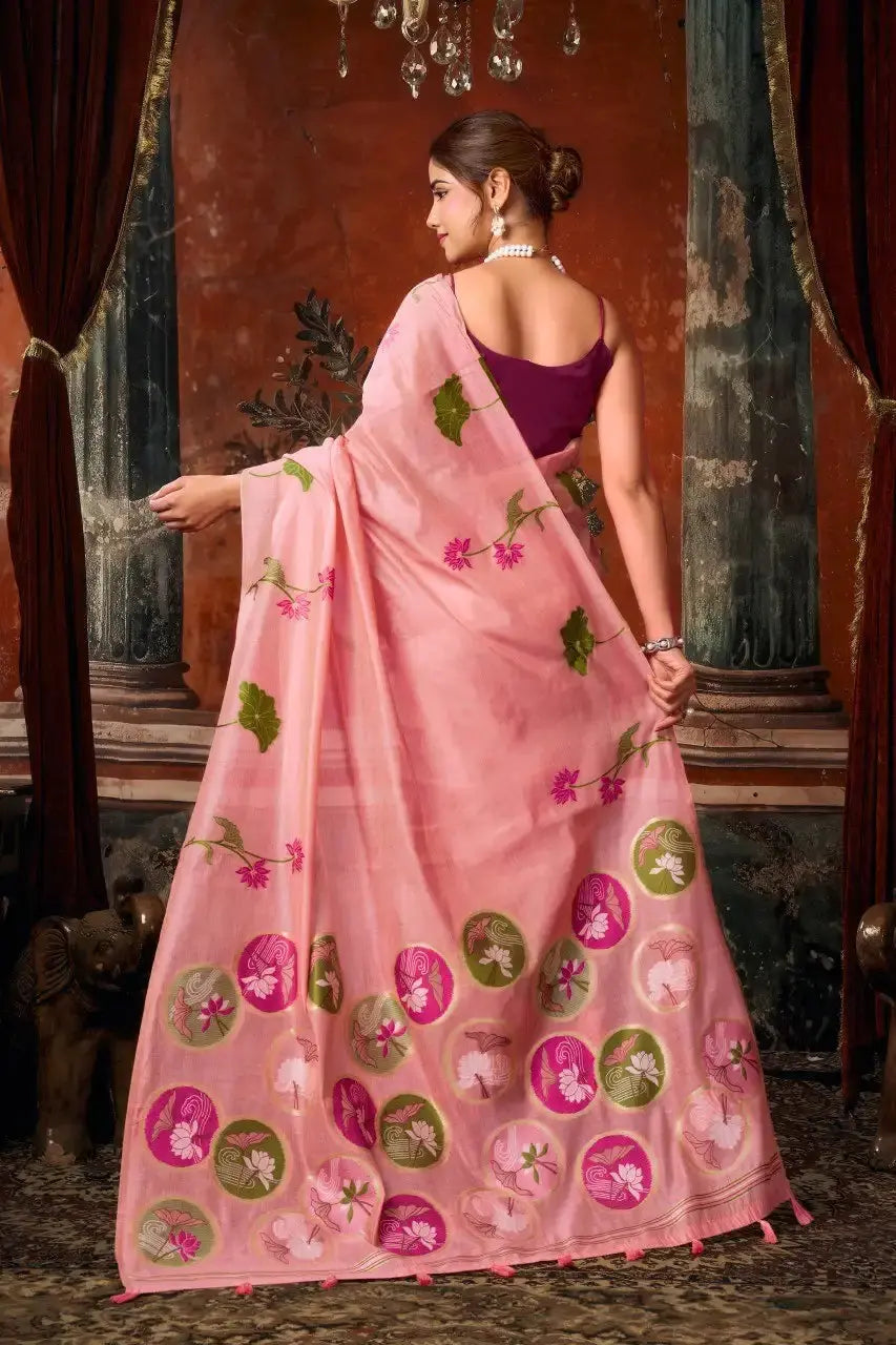 Pink Jacquard Weaving Saree Khadi Cotton woven pallu detail – KS313 by Kalyanja