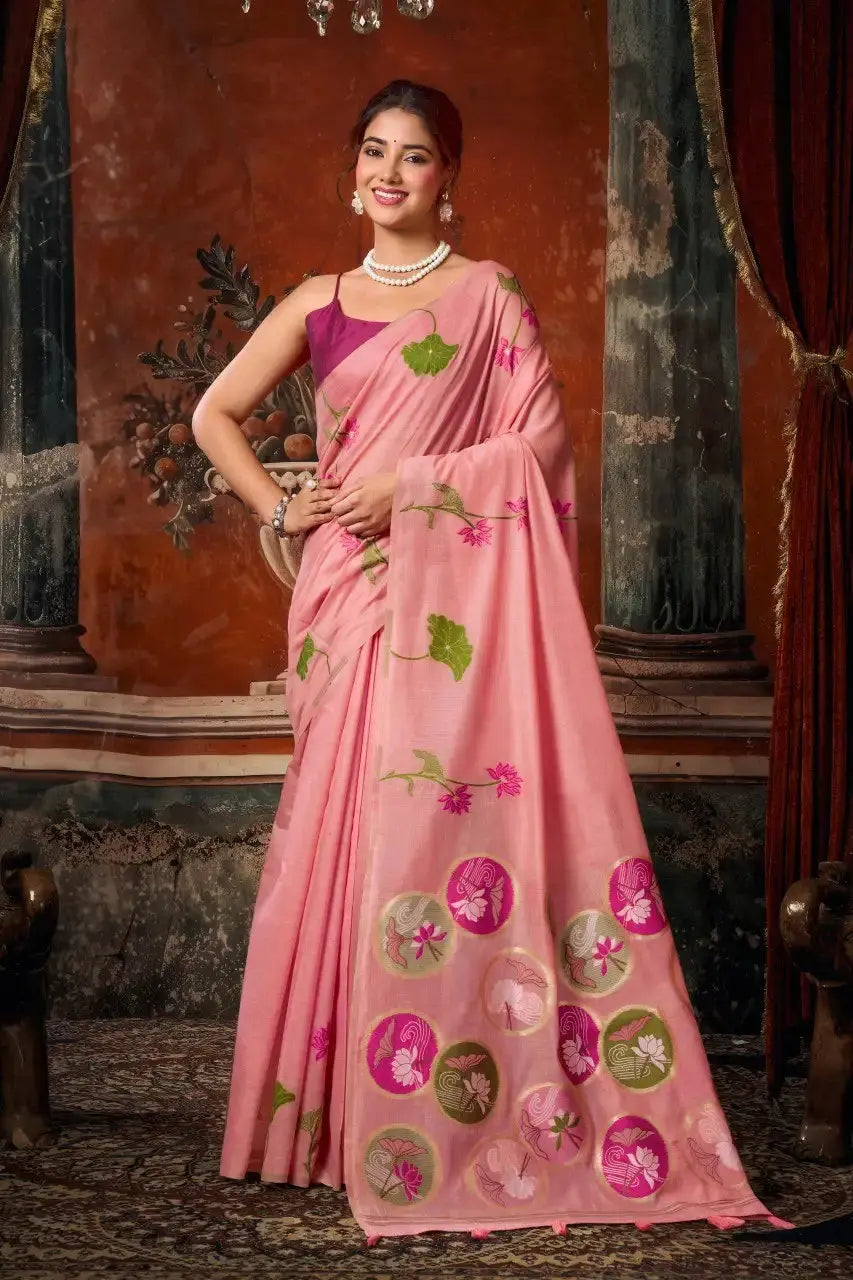 Pink Jacquard Weaving Saree Khadi Cotton side drape – jacquard weaving detail | KS313 Kalyanja