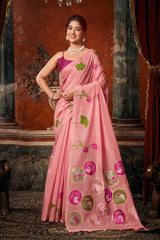 Pink Jacquard Weaving Saree Khadi Cotton side drape – jacquard weaving detail | KS313 Kalyanja