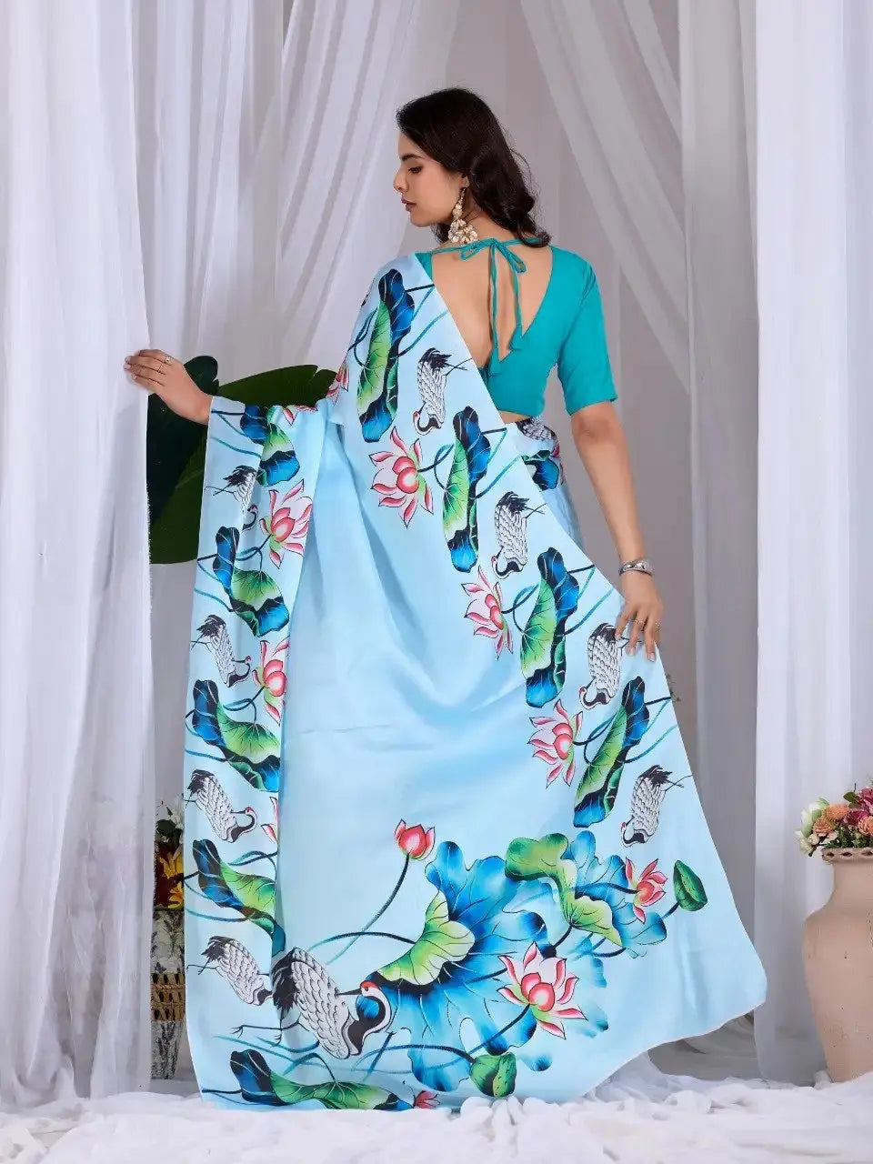 Sky Blue Digital Print Saree – back view showing deep V-back teal blouse with dori tie strings