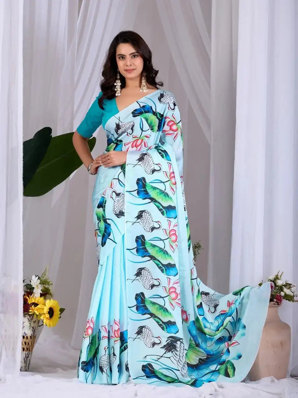 Sky Blue Digital Print Satin Georgette Saree – front drape view, crane and lotus all-over print
