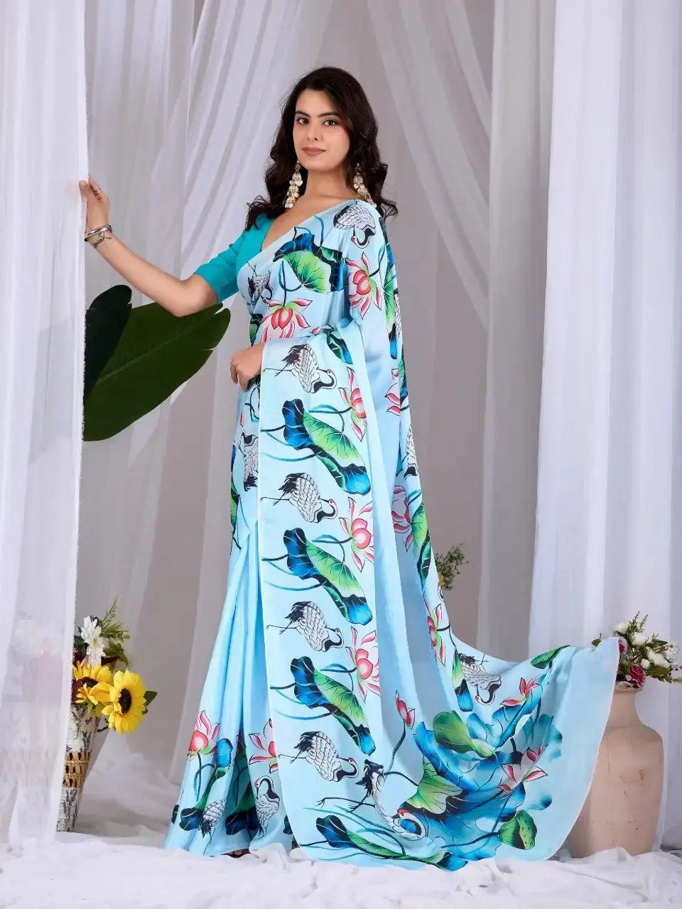 Sky Blue Digital Print Saree – full length drape showing all-over crane and lotus motif