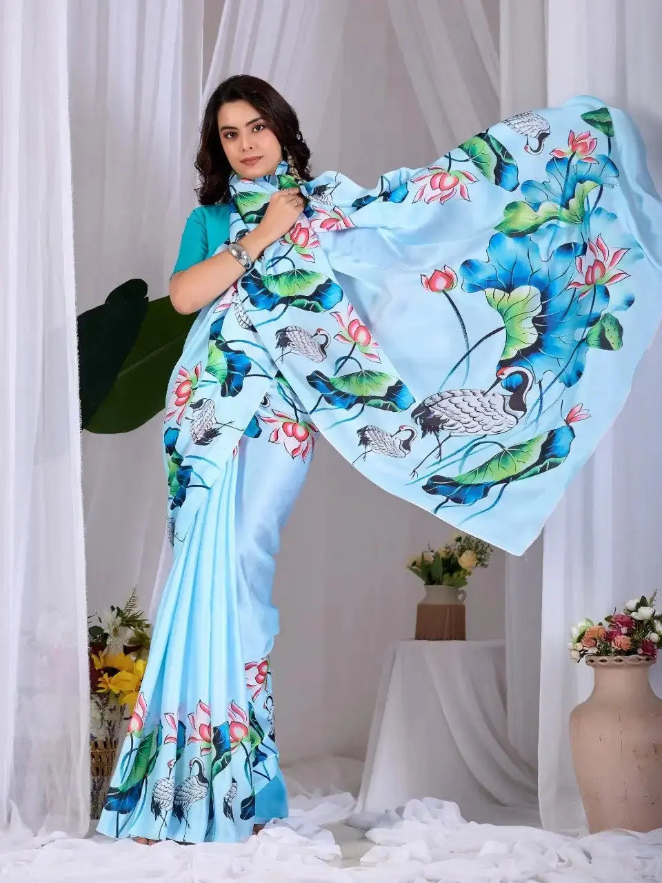 Sky Blue Satin Georgette Saree – pallu display showing crane and lotus digital print composition
