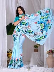 Sky Blue Satin Georgette Saree – pallu display showing crane and lotus digital print composition