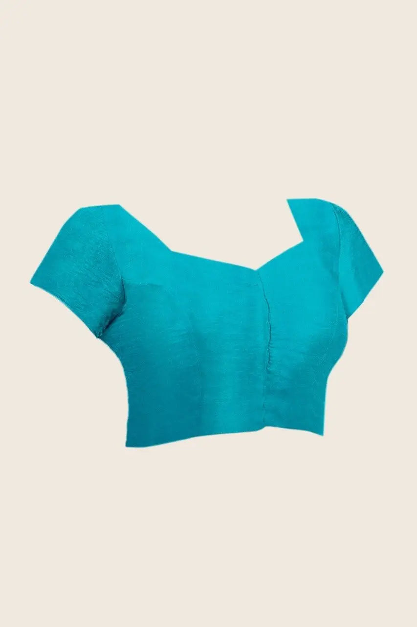 Teal running blouse – standalone flat view, V-neck with cap sleeves, matching KS320 saree