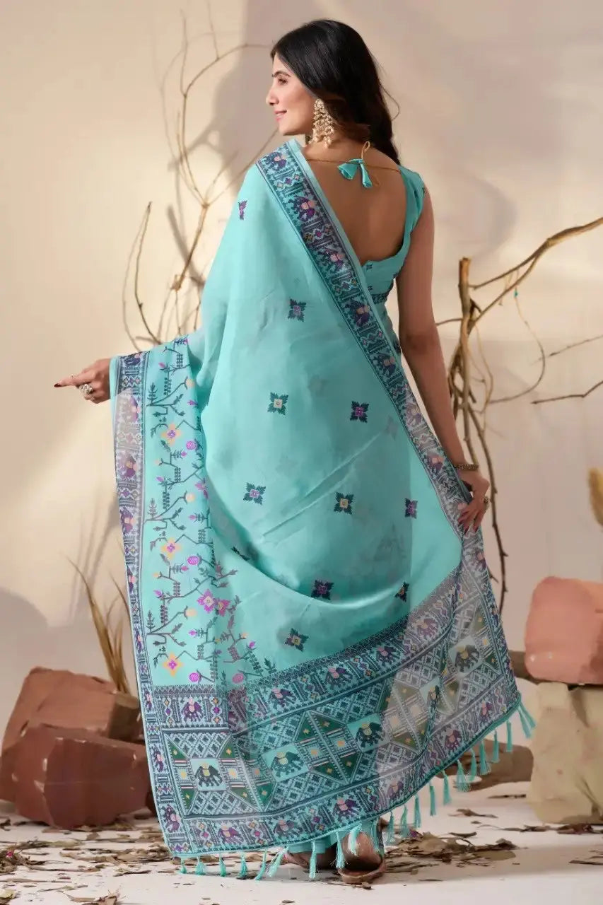 Powder Blue Digital Floral Print Saree – back view showing open-back sleeveless blouse and pallu drape