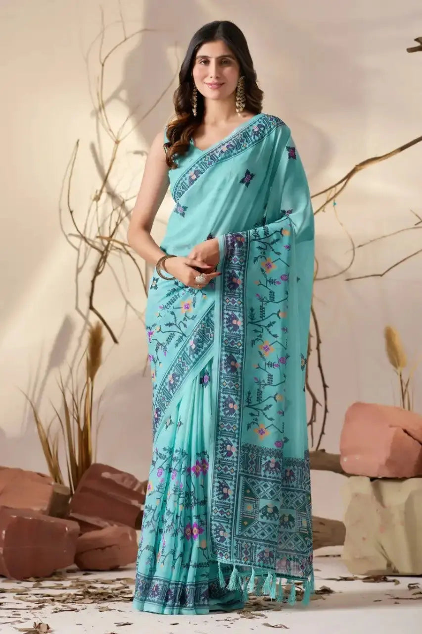 Powder Blue Digital Floral Print Soft Georgette Saree – front drape with Patola-style contrast border
