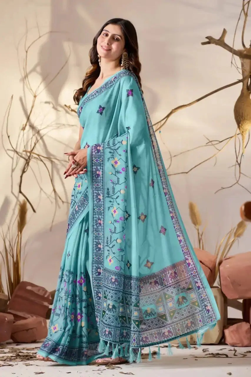Powder Blue Digital Floral Print Saree – side view showing pallu drape and layered Patola border bands