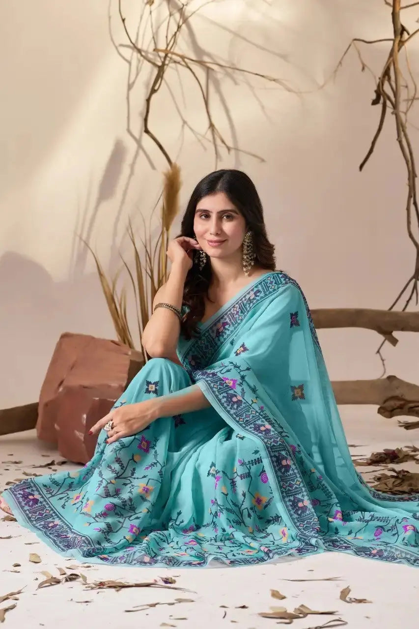 Powder Blue Digital Floral Print Saree – full seated drape with teal tassels at hem, KS322