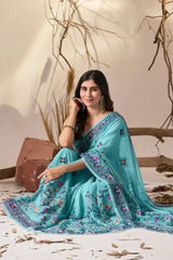 Powder Blue Digital Floral Print Saree – full seated drape with teal tassels at hem, KS322