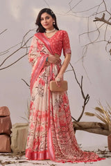 Beige Digital Print Saree – front drape styled with clutch, large hibiscus floral print and coral border