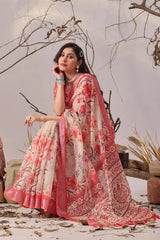 Beige Linen Cotton Saree – full seated pose showing floral print body and Kalamkari pallu spread