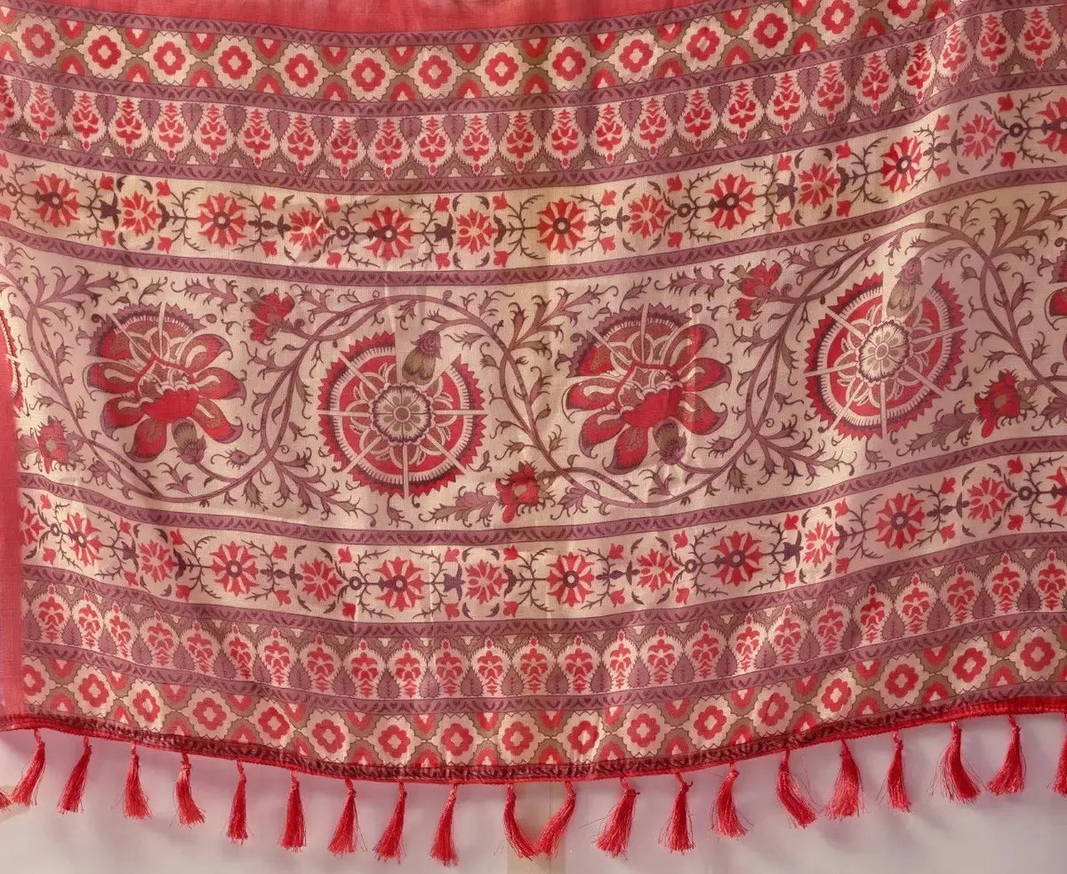 Beige Linen Cotton Saree pallu detail – Kalamkari-style medallion floral motifs, stripe bands and red tassels