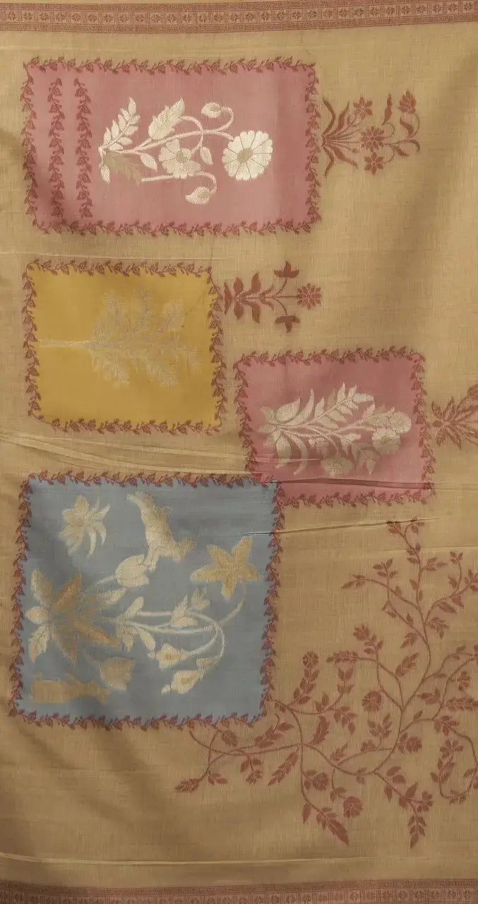 Beige Jacquard Weaving Cotton Saree flat lay – full 5.5m with blouse piece, KS325 by Kalyanja