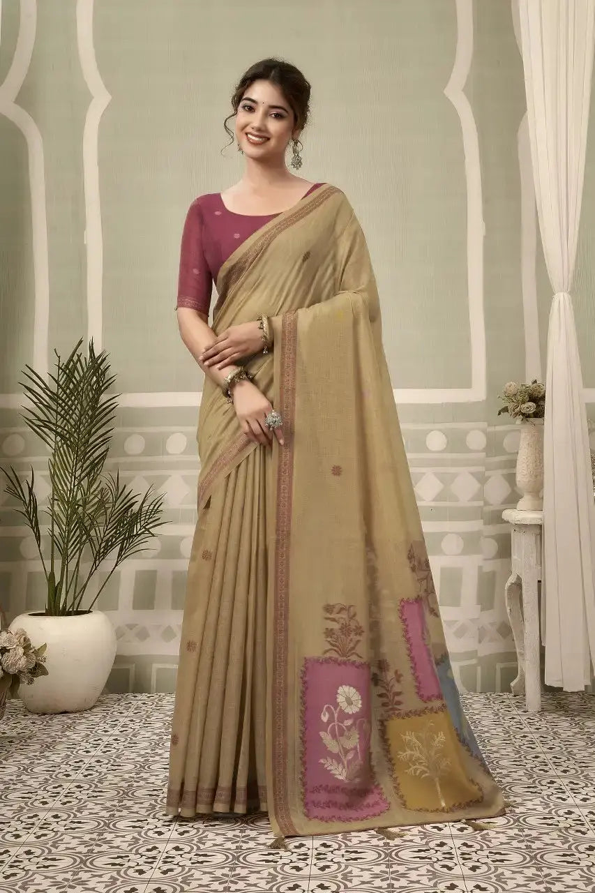 Beige Jacquard Weaving Cotton Saree front drape – contrast border, woven pallu, heavy cotton | KS325 Kalyanja