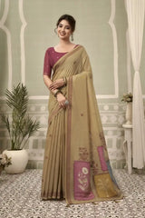 Beige Jacquard Weaving Cotton Saree front drape – contrast border, woven pallu, heavy cotton | KS325 Kalyanja
