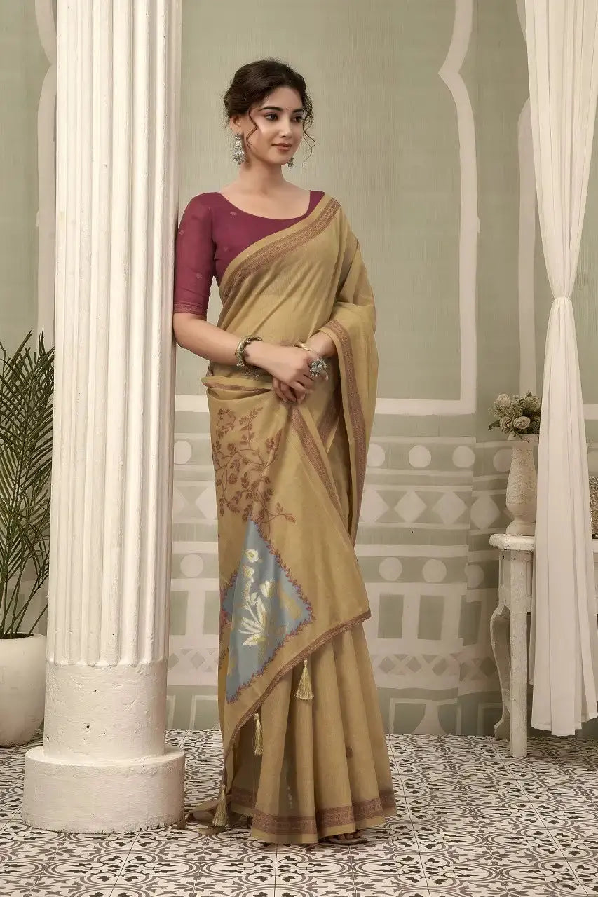 Beige Jacquard Weaving Cotton Saree woven pallu detail – KS325 by Kalyanja