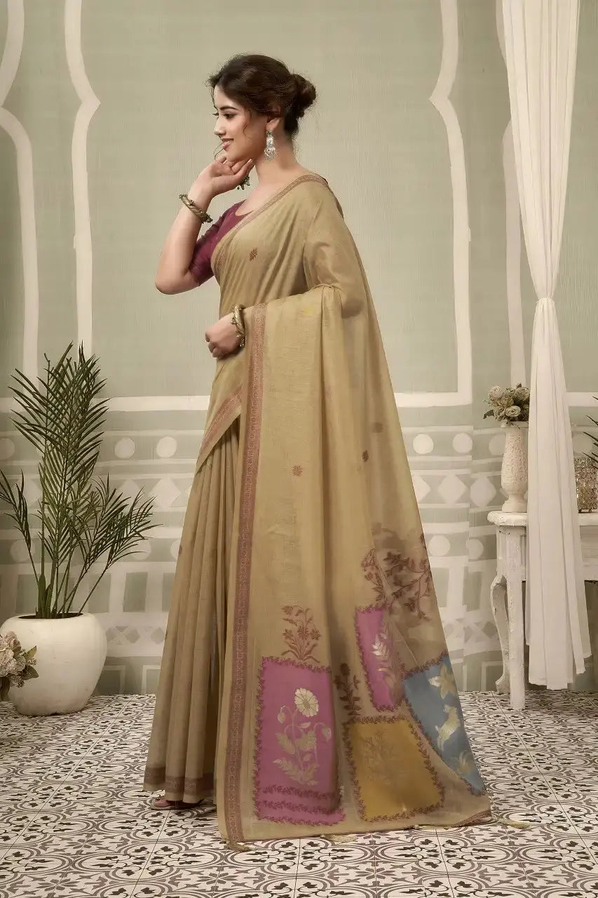 Beige Jacquard Weaving Cotton Saree side drape view – jacquard weaving detail, heavy cotton | KS325 Kalyanja