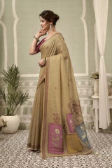 Beige Jacquard Weaving Cotton Saree side drape view – jacquard weaving detail, heavy cotton | KS325 Kalyanja