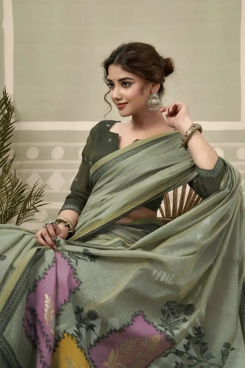 Dark Green Jacquard Weaving Cotton Saree back view – woven pallu draped over shoulder | KS325 Kalyanja