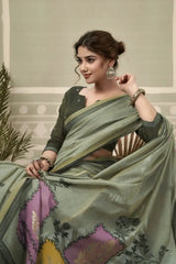 Dark Green Jacquard Weaving Cotton Saree back view – woven pallu draped over shoulder | KS325 Kalyanja