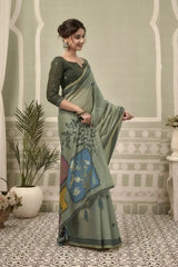 Dark Green Jacquard Weaving Cotton Saree contrast border close-up – sharp contrast edge, heavy cotton | KS325 Kalyanja