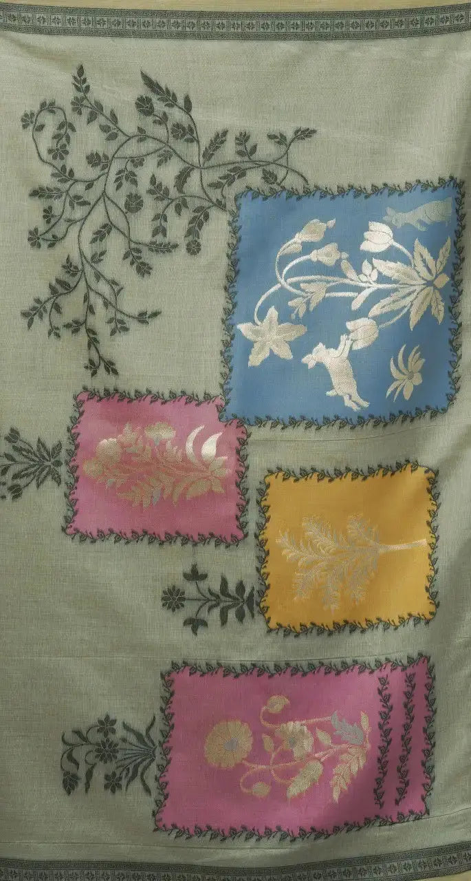 Dark Green Jacquard Weaving Cotton Saree flat lay – full 5.5m with blouse piece, KS325 by Kalyanja