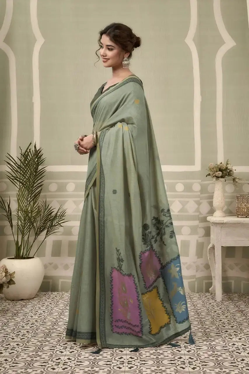 Dark Green Jacquard Weaving Cotton Saree front drape – contrast border, woven pallu, heavy cotton | KS325 Kalyanja
