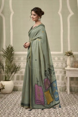 Dark Green Jacquard Weaving Cotton Saree front drape – contrast border, woven pallu, heavy cotton | KS325 Kalyanja