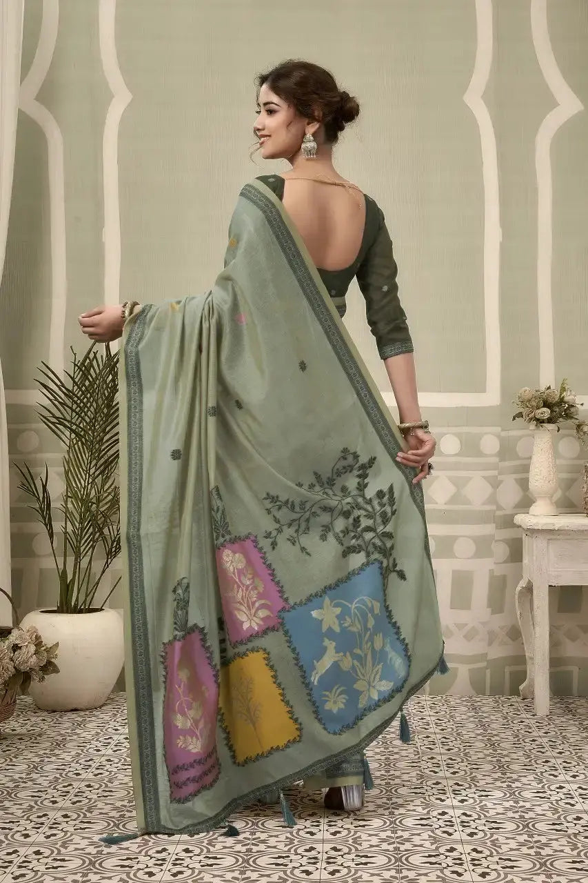 Dark Green Jacquard Weaving Cotton Saree woven pallu detail – KS325 by Kalyanja