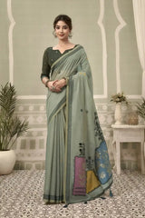 Dark Green Jacquard Weaving Cotton Saree side drape view – jacquard weaving detail, heavy cotton | KS325 Kalyanja
