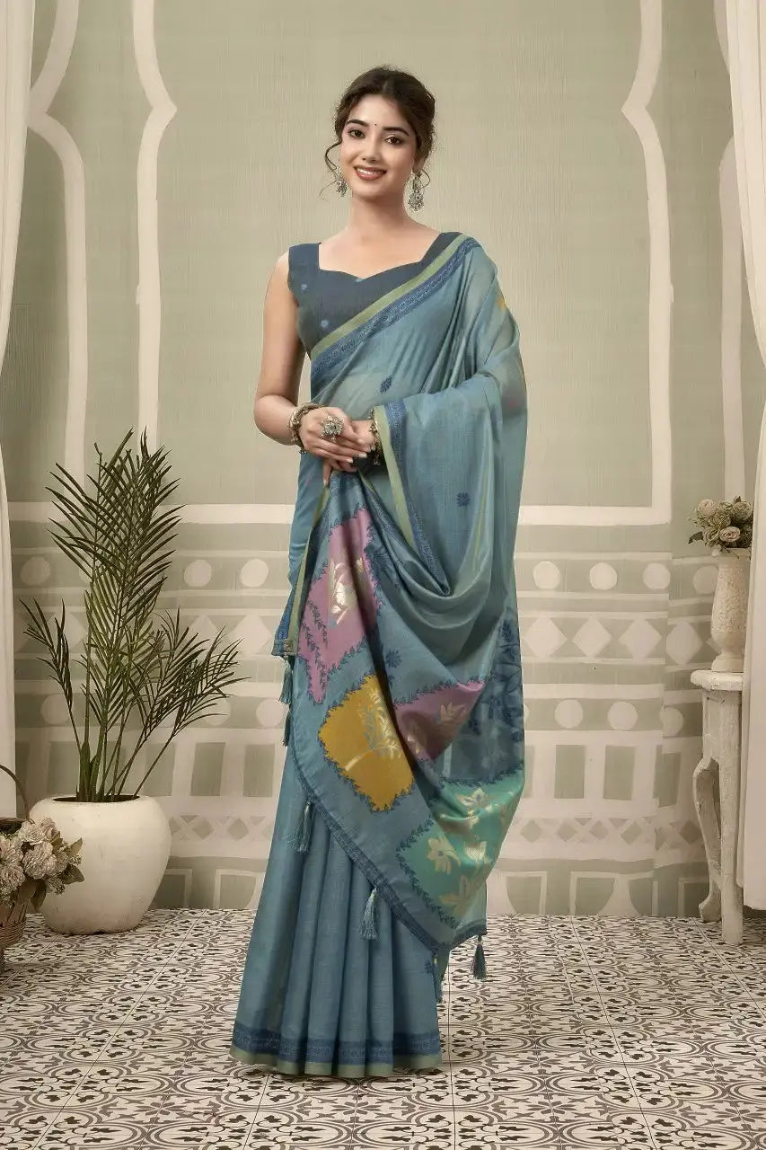Dusky Blue Jacquard Weaving Cotton Saree back view – woven pallu draped over shoulder | KS325 Kalyanja