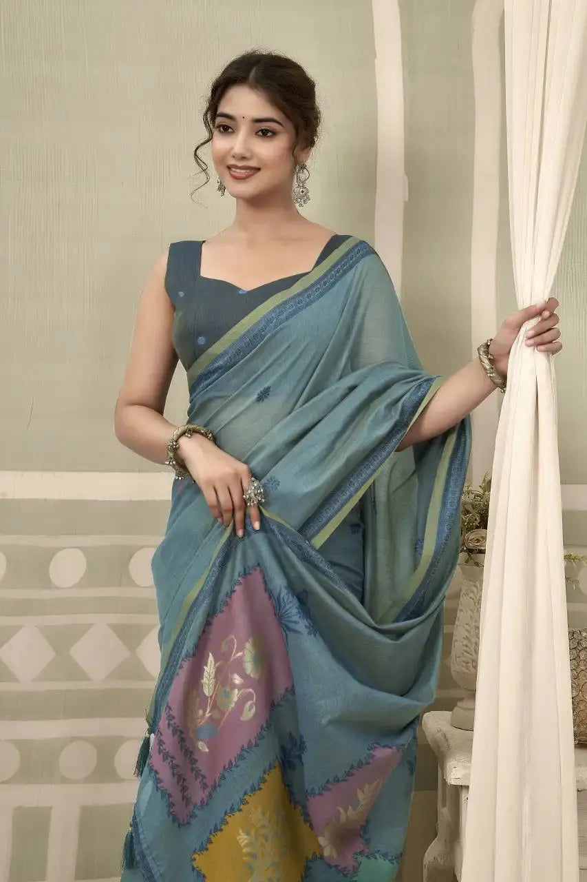 Dusky Blue Jacquard Weaving Cotton Saree body close-up – jacquard woven texture on dusky blue cotton | KS325 Kalyanja