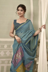 Dusky Blue Jacquard Weaving Cotton Saree body close-up – jacquard woven texture on dusky blue cotton | KS325 Kalyanja