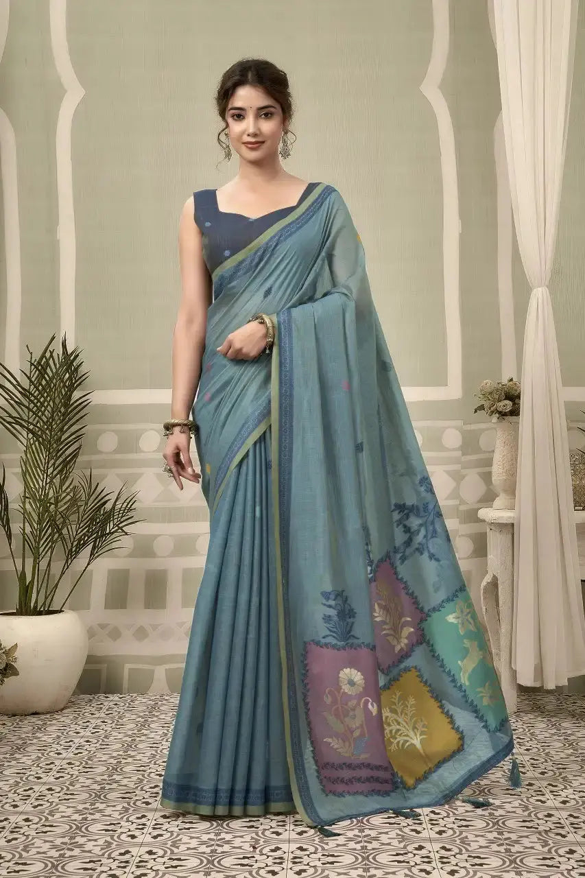 Dusky Blue Jacquard Weaving Cotton Saree front drape – contrast border, woven pallu, heavy cotton | KS325 Kalyanja