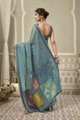 Dusky Blue Jacquard Weaving Cotton Saree woven pallu detail – KS325 by Kalyanja