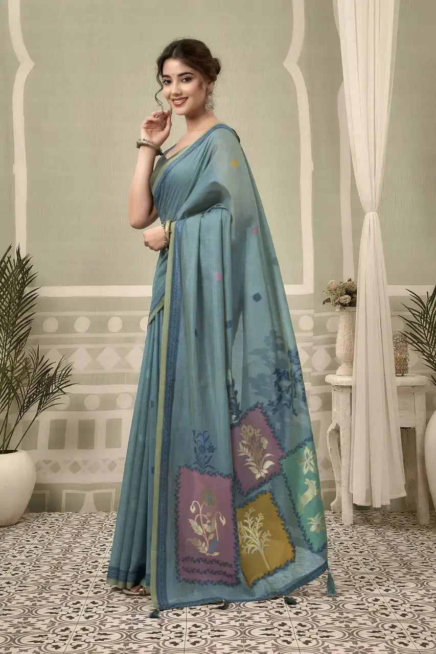 Dusky Blue Jacquard Weaving Cotton Saree side drape view – jacquard weaving detail, heavy cotton | KS325 Kalyanja