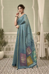 Dusky Blue Jacquard Weaving Cotton Saree side drape view – jacquard weaving detail, heavy cotton | KS325 Kalyanja