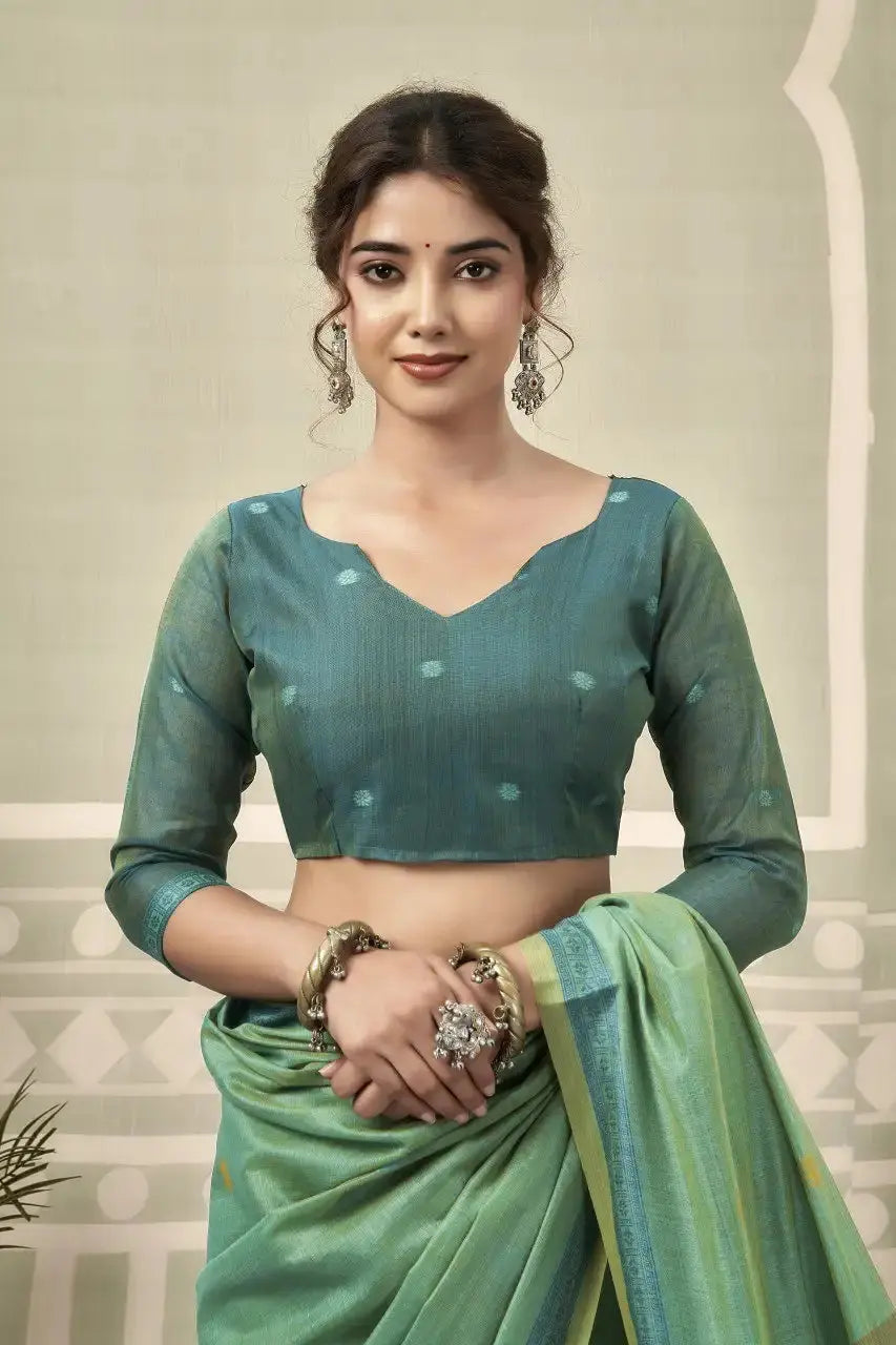 Mint Green Jacquard Weaving Cotton Saree back view – woven pallu draped over shoulder | KS325 Kalyanja