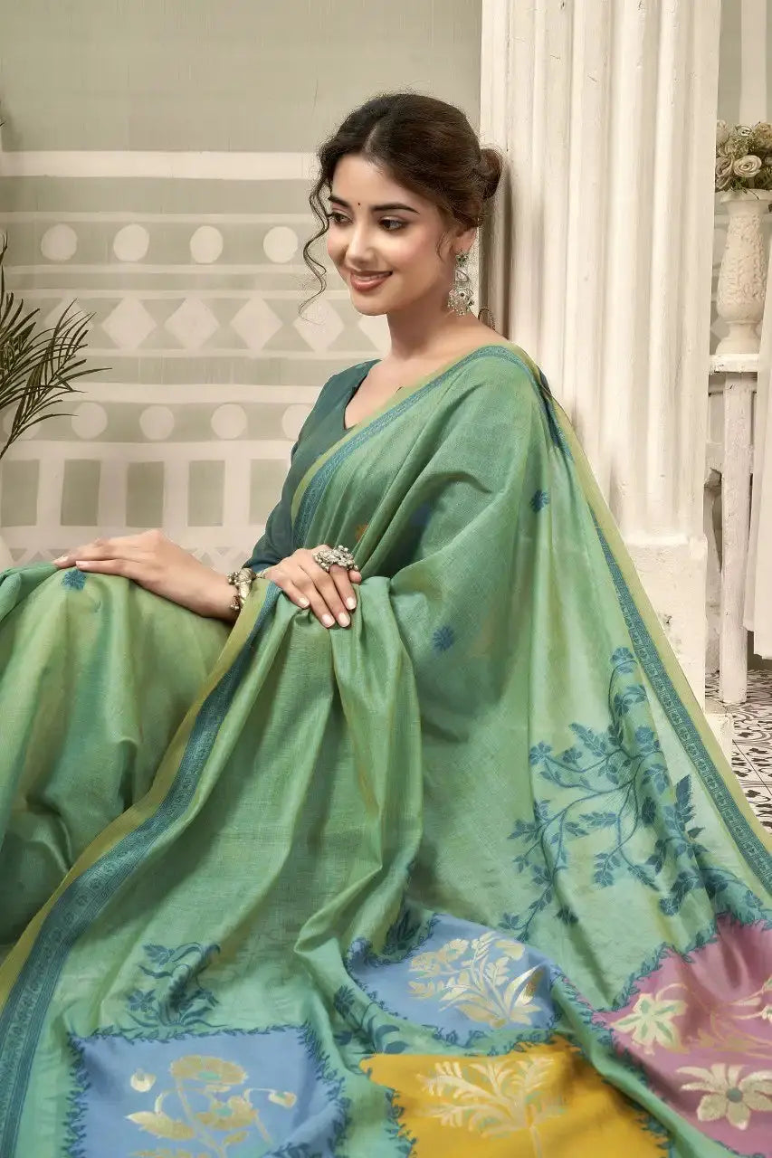Mint Green Jacquard Weaving Cotton Saree body close-up – jacquard woven texture on mint green cotton | KS325 Kalyanja