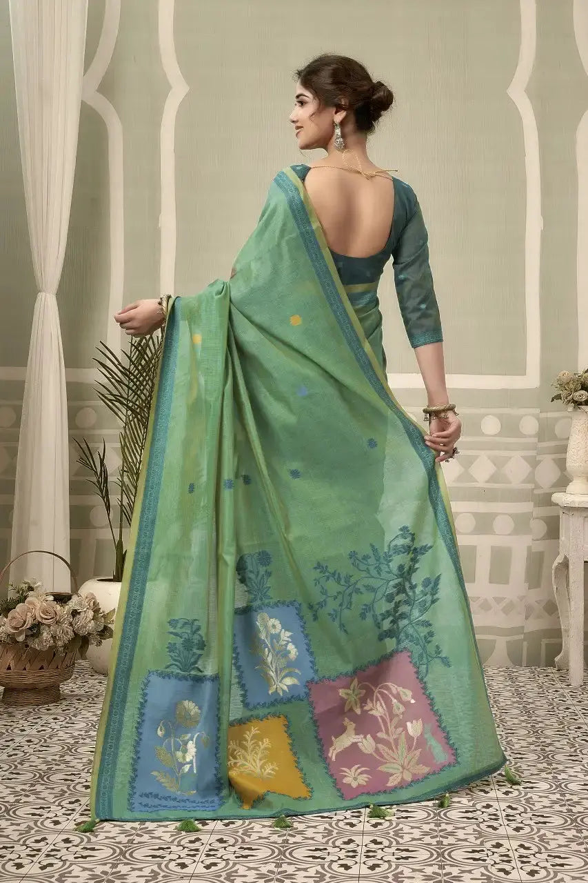 Mint Green Jacquard Weaving Cotton Saree contrast border close-up – clean contrast edge on mint cotton | KS325 Kalyanja