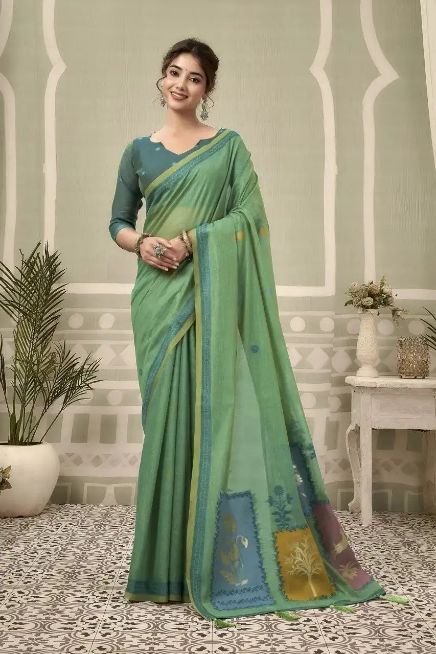 Mint Green Jacquard Weaving Cotton Saree front drape – contrast border, woven pallu, heavy cotton | KS325 Kalyanja