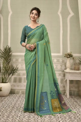 Mint Green Jacquard Weaving Cotton Saree front drape – contrast border, woven pallu, heavy cotton | KS325 Kalyanja