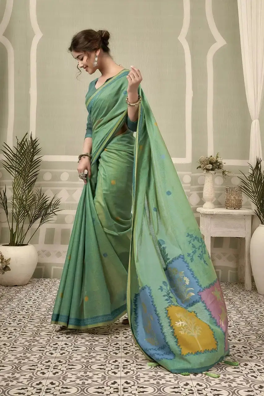 Mint Green Jacquard Weaving Cotton Saree woven pallu detail – KS325 by Kalyanja