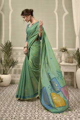 Mint Green Jacquard Weaving Cotton Saree woven pallu detail – KS325 by Kalyanja