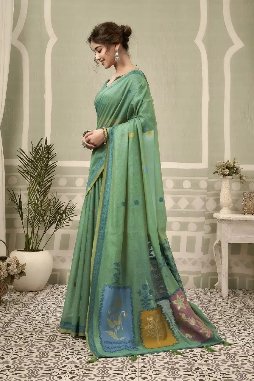 Mint Green Jacquard Weaving Cotton Saree side drape view – jacquard weaving detail, heavy cotton | KS325 Kalyanja